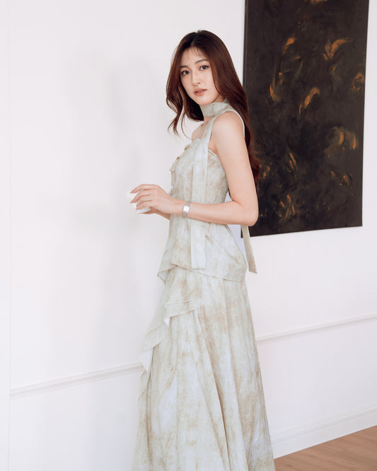 Slit Bustier Top and Ruffled Hem Skirt Set
