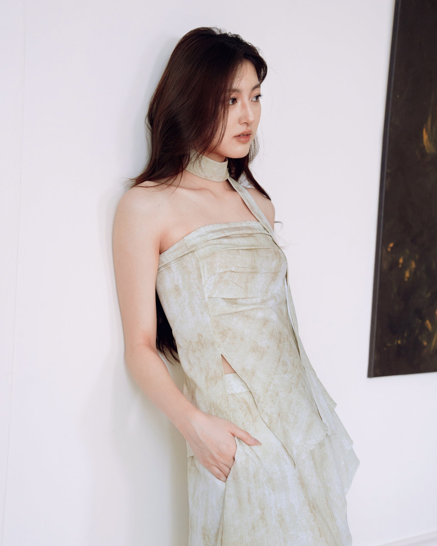 Slit Bustier Top and Ruffled Hem Skirt Set